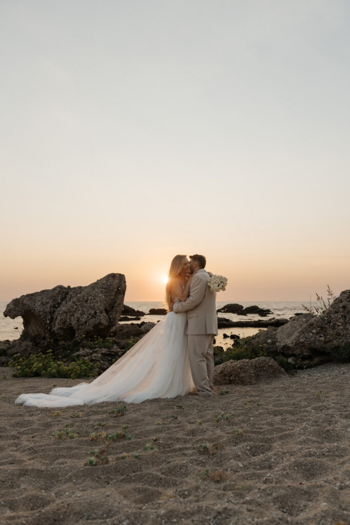 Sunset beach elopement wedding photos in Preveza Greece